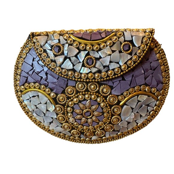 Handmade Ramla Mosaic Clutch Bag Purple & Silver With Removable Chain Strap - Picture 3 of 6